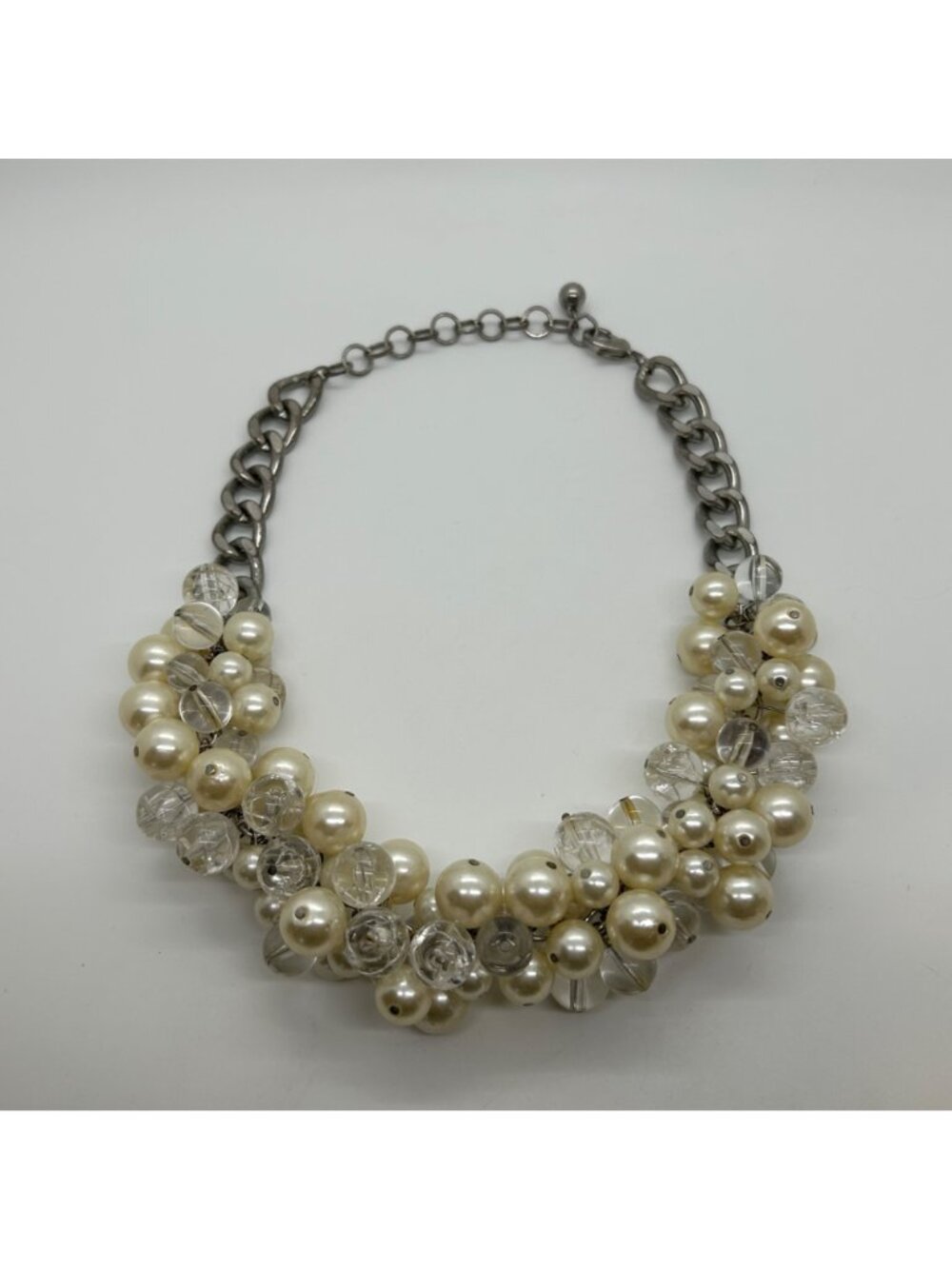 Faux Pearl & Clear Crystal Necklace Chunky Statement Bib Silver-Tone Adjustable - Picture 14 of 15